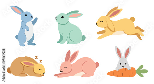 Collection set flat style vector illustration of rabbits in different poses, cute bunny characters, domestic and wild animals isolated, adorable design bundle