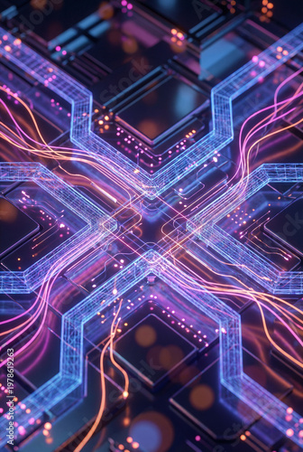 Abstract digital technology background with glowing neon circuit lines and microchip components for cyber security and data network concepts.