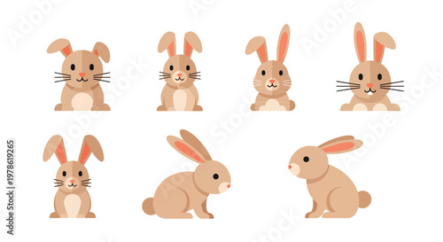 Collection set flat style vector illustration of rabbits in different poses, cute bunny characters, domestic and wild animals isolated, adorable design bundle
