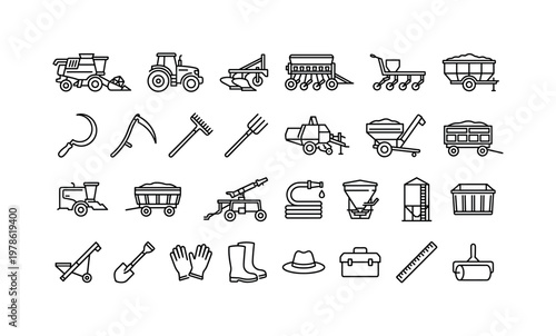 Cereal farming tools and harvesting equipment with cutting gear, machinery and field instruments clean monoline outline icon set
