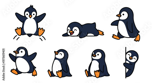 Collection set flat style vector illustration of penguins in different poses, arctic animals isolated, cute bird characters, winter wildlife design