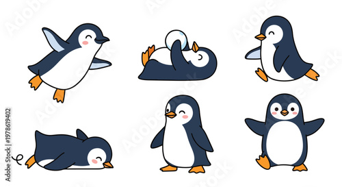Collection set flat style vector illustration of penguins in different poses, arctic animals isolated, cute bird characters, winter wildlife design