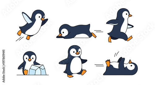 Collection set flat style vector illustration of penguins in different poses, arctic animals isolated, cute bird characters, winter wildlife design