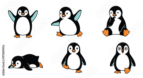 Collection set flat style vector illustration of penguins in different poses, arctic animals isolated, cute bird characters, winter wildlife design