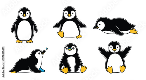 Collection set flat style vector illustration of penguins in different poses, arctic animals isolated, cute bird characters, winter wildlife design