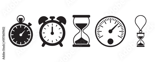 Collection of various time measurement tools featuring stopwatch alarm clock hourglass and speedometer icons.