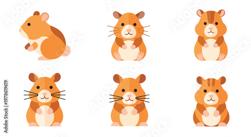 Collection set flat style vector illustration of hamsters in different poses, small pet animals isolated, adorable rodent characters, cute design bundle