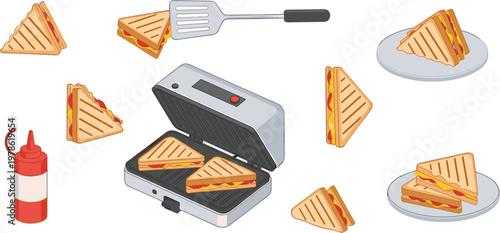 Grilled Sandwich Maker Vector Set with Toasted Sandwiches Kitchen Utensils Ketchup Bottle and Delicious Breakfast Food Collection Design