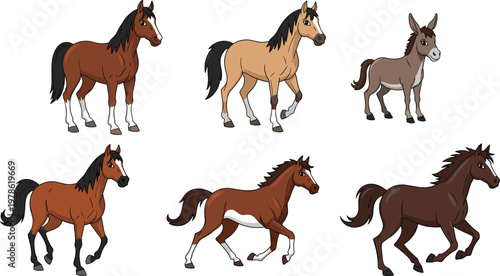 Horse and Donkey Vector Set with Running and Standing Farm Animals in Different Poses for Equestrian Design Agriculture Illustration and Rural Themes