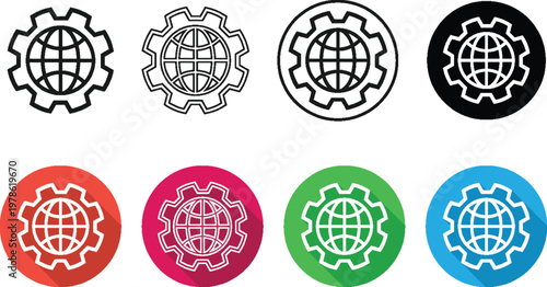 Global Settings Icon Set Gear and Globe Symbols in Outline and Colorful Flat Button Styles