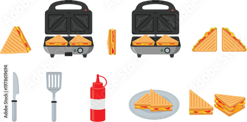 Grilled Sandwich Maker and Toasted Sandwich Vector Set with Kitchen Utensils Ketchup Bottle and Breakfast Food Collection Design