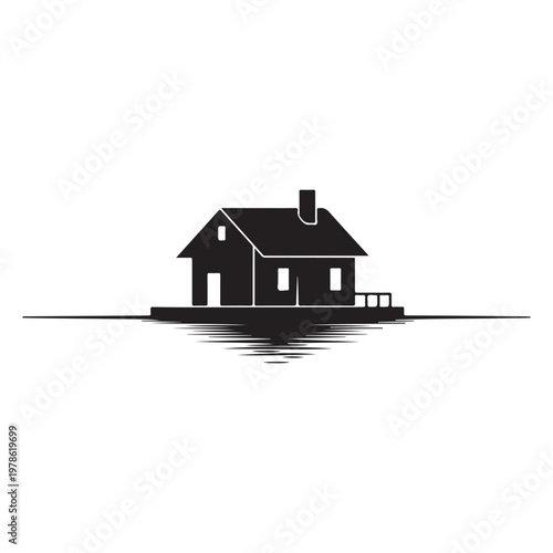 Floating house on water with reflection vector silhouette