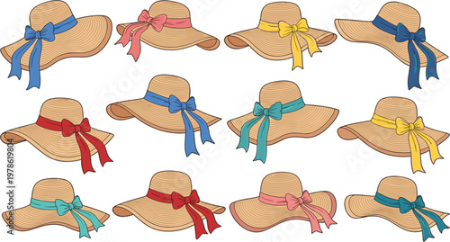 Stylish Straw Hat Vector Set with Colorful Ribbon Bows for Women Summer Beach Fashion Accessories and Elegant Outdoor Collection Design