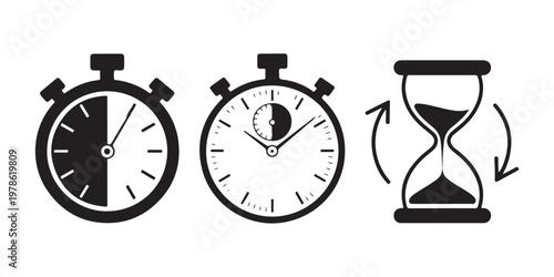 Set of three timer icons: stopwatch, running clock and hourglass with recycling arrows, black graphic.