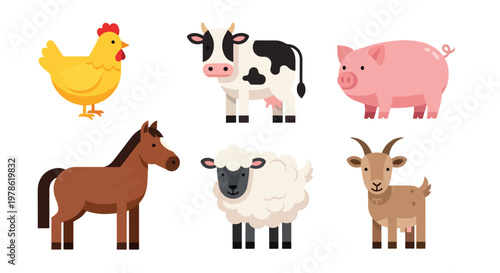 Collection set flat style vector illustration of farm animals including chicken, cow, pig, sheep, horse and goat, agriculture livestock characters isolated