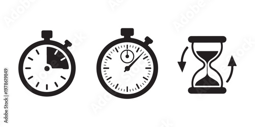 Stopwatch and rotating hourglass icons representing time measurement and countdown on checkered grey background.