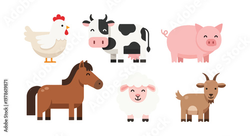 Collection set flat style vector illustration of farm animals including chicken, cow, pig, sheep, horse and goat, agriculture livestock characters isolated