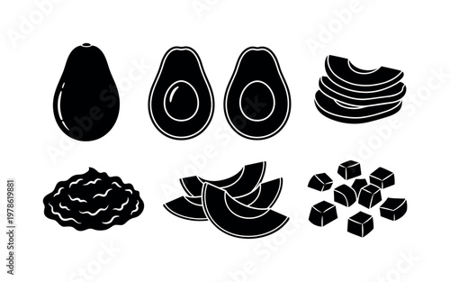 Avocado halves with pit and slices, mashed avocado spread texture, avocado wedges cut pieces, avocado chunks diced, ripe avocado