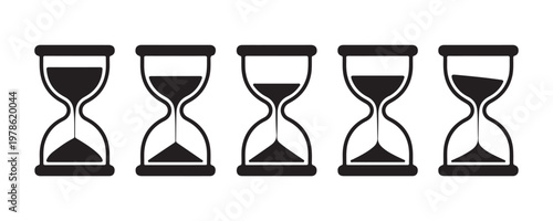 Sequence of five hourglass silhouettes showing different levels of sand flowing on grey transparent background.