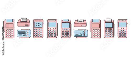 Credit card payment terminal and POS machine set. Flat design vector illustration of card readers and receipt printers. Retail transaction and finance concept isolated on transparent background