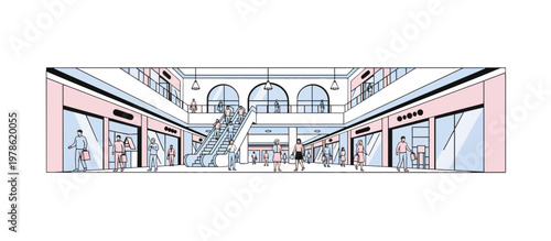 Crowded shopping mall corridor interior. Line art vector illustration of people in retail center