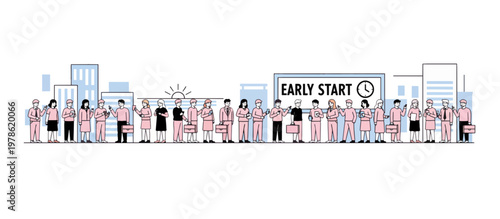 Early morning queue of people waiting in line. Line art vector illustration of crowd at store opening