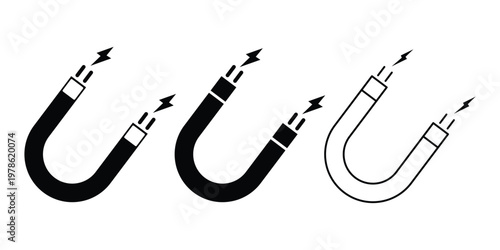 Magnet silhouette icon set with horseshoe line style. Magnet icons button, vector, sign, symbol, logo, illustration. representing magnetism, attraction, and science.