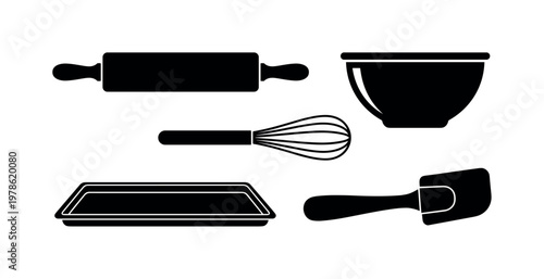 Bakery tools including rolling pin tool, mixing bowl, whisk utensil, baking tray sheet, spatula tool, bold black silhouette
