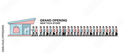 Long line of people waiting outside tech store for grand opening. Black Friday queue flat design vector illustration