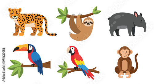Collection set flat style vector illustration of jungle animals including sloth, parrot, monkey, leopard and toucan, tropical wildlife characters isolated