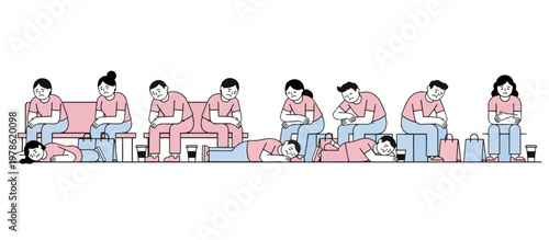 Exhausted shoppers sitting and resting after Black Friday sale. Flat design line art vector illustration isolated on transparent background