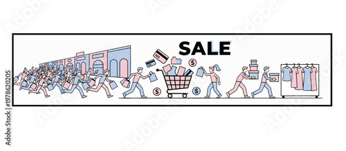 Black Friday shopping frenzy scene. Crowd of people running to sale banner. Flat line art vector illustration isolated on transparent background