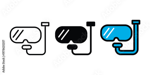 diving mask icon set flat solid thin black outline and blue color. snorkeling mask and snorkel icon. Essential underwater equipment for swimming.