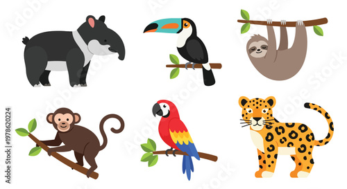 Collection set flat style vector illustration of jungle animals including sloth, parrot, monkey, leopard and toucan, tropical wildlife characters isolated