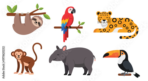 Collection set flat style vector illustration of jungle animals including sloth, parrot, monkey, leopard and toucan, tropical wildlife characters isolated
