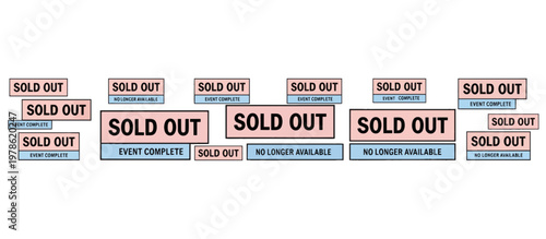 Sold out sign and label collection. Out of stock and event complete badges. Flat line art vector illustration isolated on transparent background