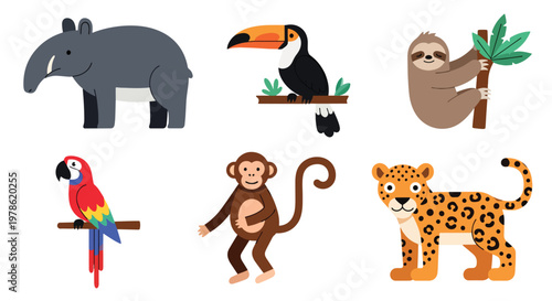 Collection set flat style vector illustration of jungle animals including sloth, parrot, monkey, leopard and toucan, tropical wildlife characters isolated