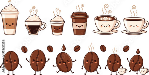 Cute Coffee Cups and Coffee Bean Character Vector Set with Kawaii Cartoon Drinks Smiling Faces and Cafe Beverage Collection Design