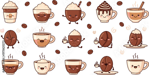 Cute Coffee Cup and Coffee Bean Character Vector Set with Kawaii Cartoon Drinks Smiling Faces and Sweet Beverage Collection Design