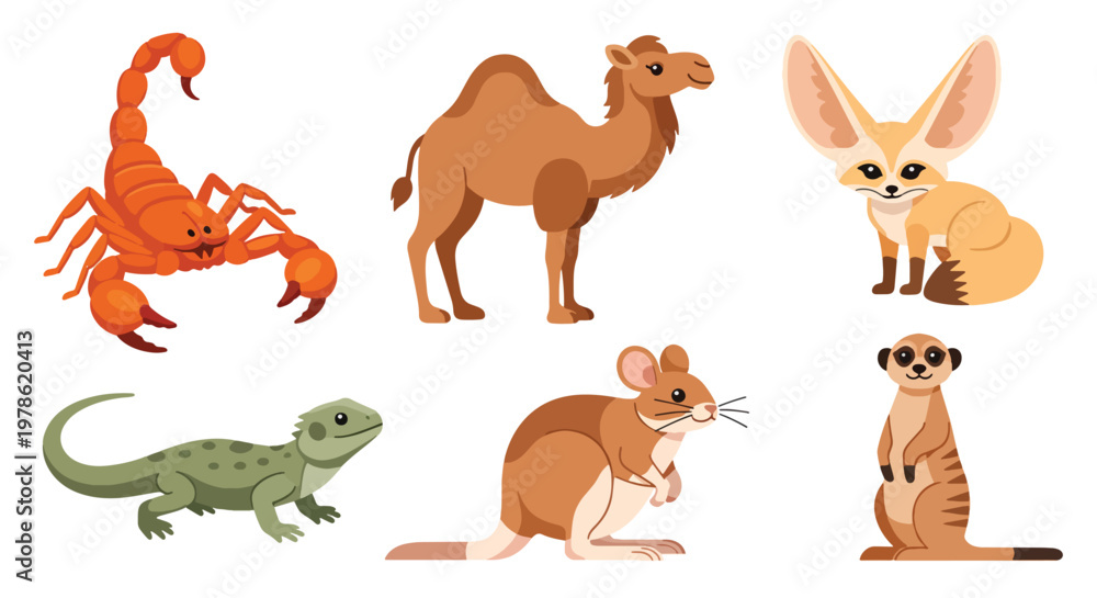 Fototapeta premium Collection set flat style vector illustration of desert animals including scorpion, camel, fox and kangaroo, arid wildlife characters isolated