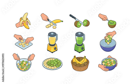 Peeling banana by hand, slicing banana into pieces, cutting kiwi in half, scooping kiwi with spoon, placing slices on plate,