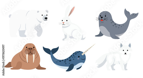 Collection set flat style vector illustration of arctic animals including seal, walrus, narwhal, polar bear and fox, cold wildlife characters isolated