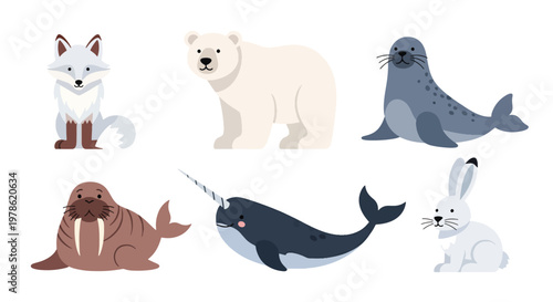 Collection set flat style vector illustration of arctic animals including seal, walrus, narwhal, polar bear and fox, cold wildlife characters isolated