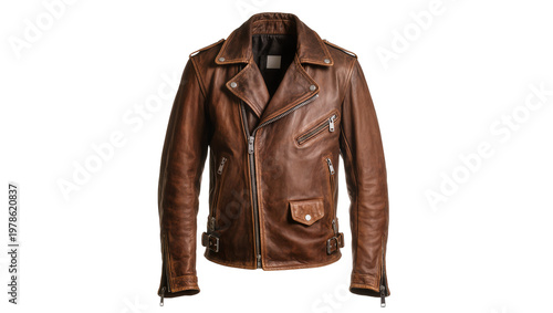 Fotografía Brown distressed leather biker jacket with zippers and buckles, isolated on tran