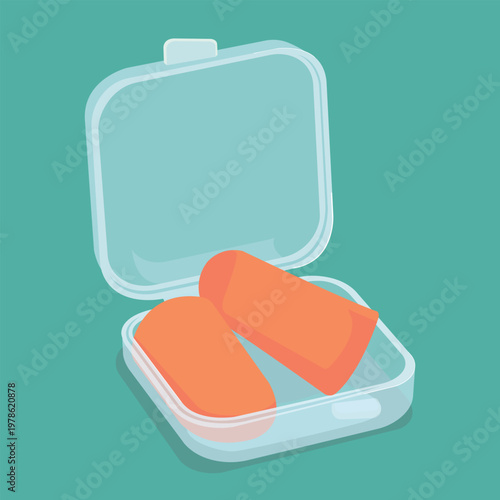 Orange Foam Earplugs in Transparent Plastic Storage Case for Travel and Hygiene Illustration