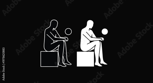 A stark depiction of two seated figures one white and one black each holding a sphere