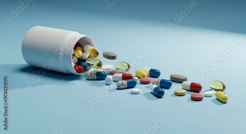 A white bottle spills colorful pills and capsules onto a blue surface