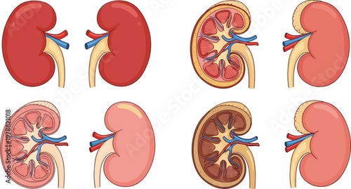 Human Kidney Anatomy Vector Set with Detailed Internal Structure and Cross Section Medical Illustrations for Healthcare Education Biology and Organ Study Design