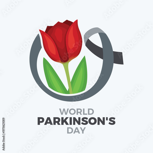 World Parkinson's Day poster with red tulip vector illustration. Red tulip flower and grey awareness ribbon  icon vector. Template for background, banner, card. April 11 every year. Important day