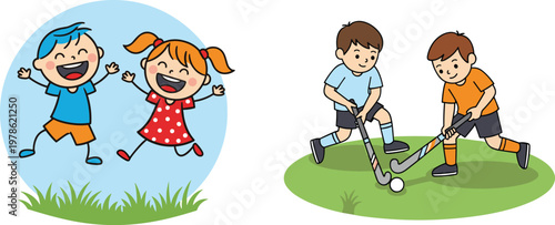 Happy Kids Playing and Sports Activities Illustration with Children Jumping and Playing Field Hockey for Childhood Concept Design